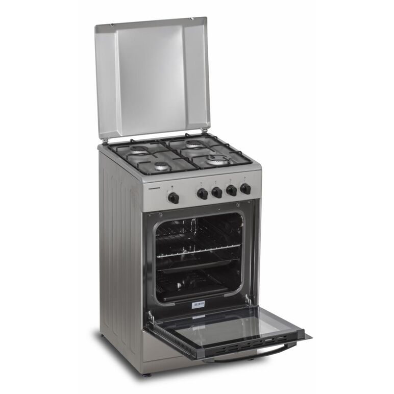 Aragaz gaz heinner hfsc-sme50sl, 50x50cm, 4 arzatoare, suport email, capac metalic, dispozitiv de siguranta plita si cuptor, usa cuptor cu geam dublu, duze gpl incluse, tava si gratar cromat, culoare: argintiu,  Aragazuri pe gaz | electropc.ro