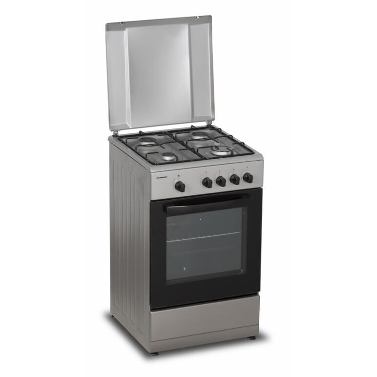 Aragaz gaz heinner hfsc-sme50sl, 50x50cm, 4 arzatoare, suport email, capac metalic, dispozitiv de siguranta plita si cuptor, usa cuptor cu geam dublu, duze gpl incluse, tava si gratar cromat, culoare: argintiu,  Aragazuri pe gaz | electropc.ro