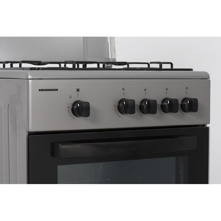 Aragaz gaz heinner hfsc-sme50sl, 50x50cm, 4 arzatoare, suport email, capac metalic, dispozitiv de siguranta plita si cuptor, usa cuptor cu geam dublu, duze gpl incluse, tava si gratar cromat, culoare: argintiu,  Aragazuri pe gaz | electropc.ro