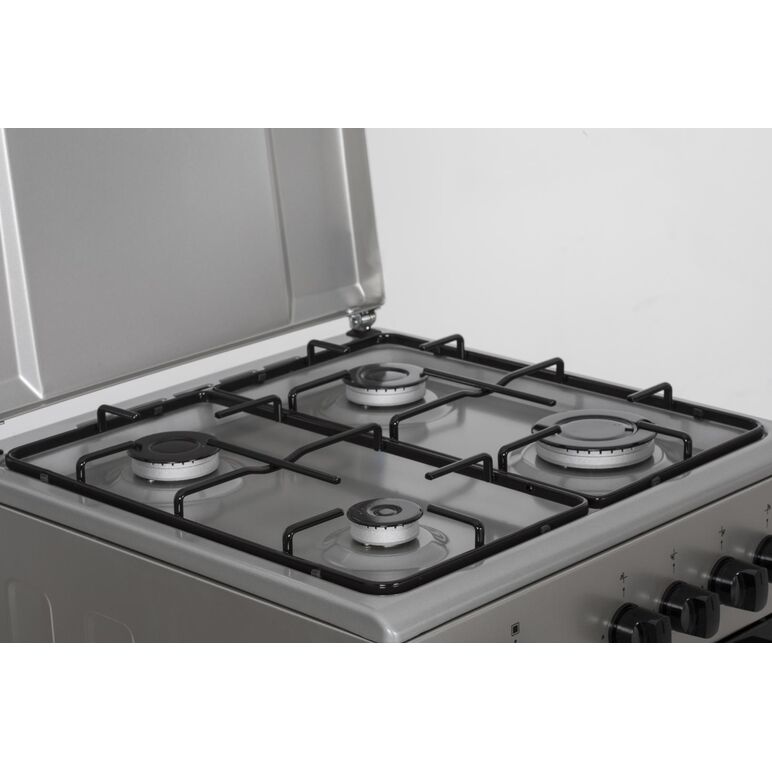 Aragaz gaz heinner hfsc-sme50sl, 50x50cm, 4 arzatoare, suport email, capac metalic, dispozitiv de siguranta plita si cuptor, usa cuptor cu geam dublu, duze gpl incluse, tava si gratar cromat, culoare: argintiu,  Aragazuri pe gaz | electropc.ro