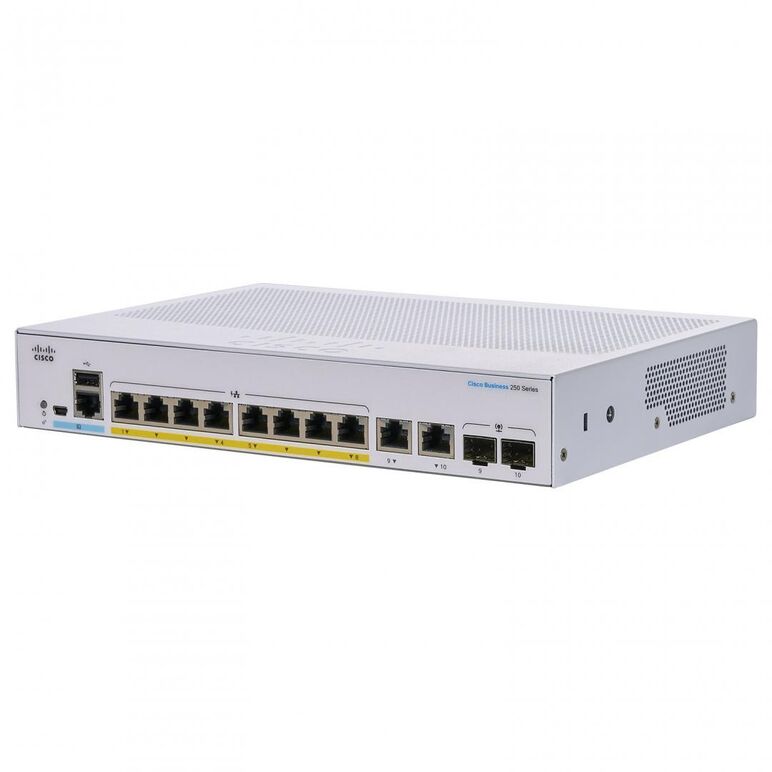 Switch  cisco cbs250-8pp-e-2g, 8 porturi 10/100/1000, 2 x sfp, poe 45w, buffer: 1.5 mb, flash 256mb, cpu: 800 mhz arm , dram: 512 mb dimensiuni: 268 x 185 x 44 mm, greutate: 1.53 kg, consum fara poe: 220v-14.47 w, cu poe: 66.02w, fanless, rack-mount.,  Switch-uri | electropc.ro
