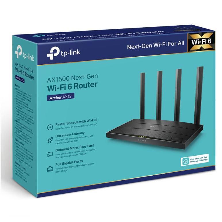 Tp-link wireless router ax1500 wi-fi6, dual-band, archer ax12; standarde wireless: ieee 802.11ax/ac/n/a 5 ghz, ieee 802.11n/b/g 2.4 ghz, viteze wireless: 5 ghz: 1201 mbps (802.11ax) 2.4 ghz: 300 mbps (802.11n), 4 x antene fixe, mod router, mod access poin,  Routere Wireless | electropc.ro