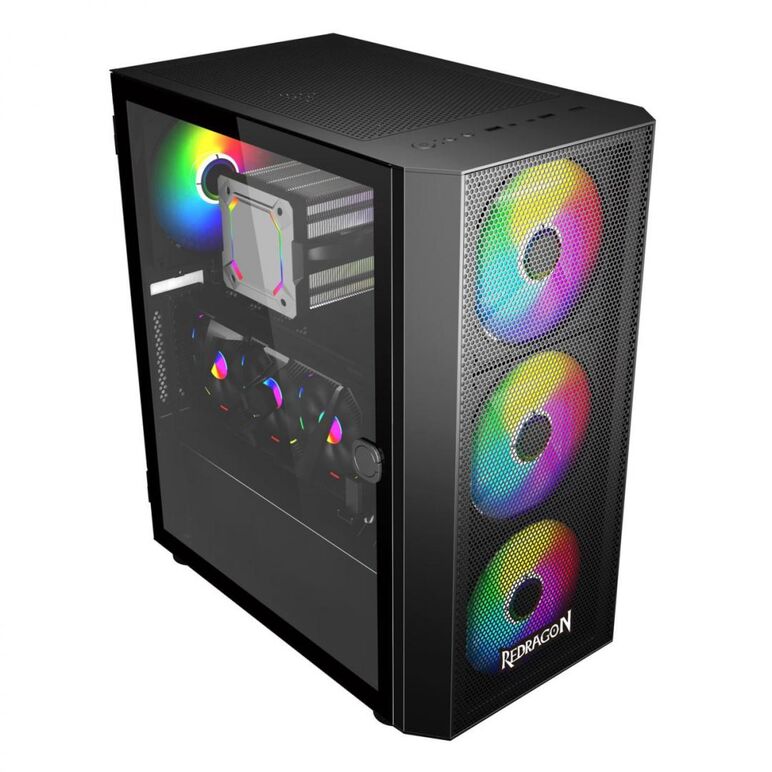 Carcasa redragon skyfire neagra, secc steel atx mid tower, fara sursa (tip atx, montata jos), interior vopsit negru, 2x3.5”(intern), 2x2.5” (intern), design tool-less, fata – 3x 120mm rgb fans (inclus) / 3x 140mm fan (optional), spate – 1x 120mm argb fan(,  Carcase | electropc.ro