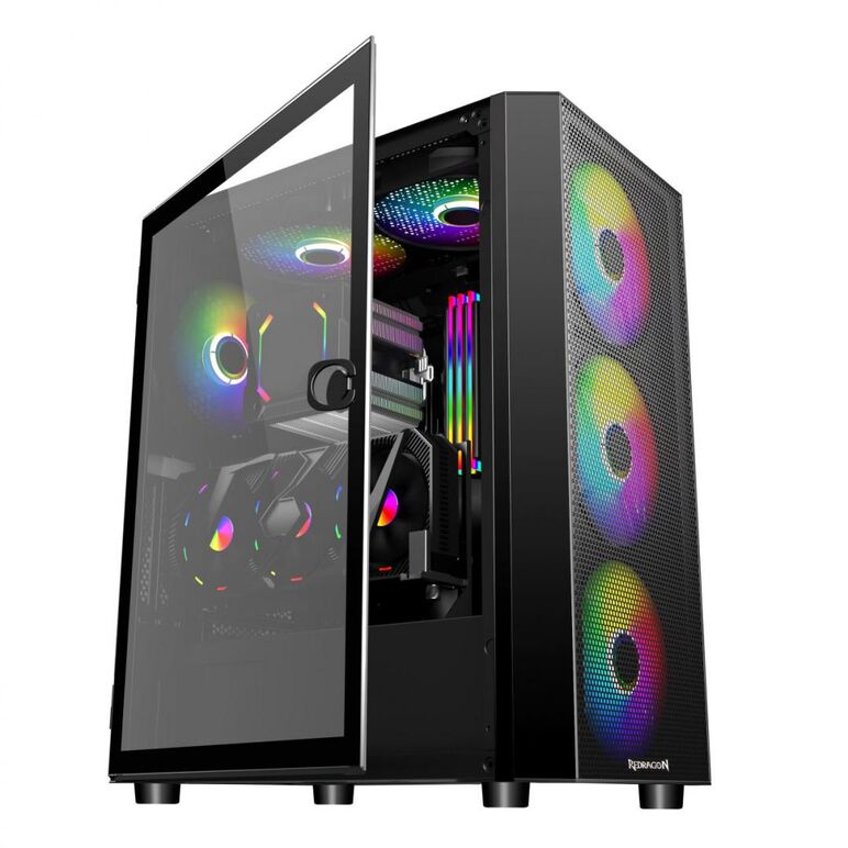 Carcasa redragon skyfire neagra, secc steel atx mid tower, fara sursa (tip atx, montata jos), interior vopsit negru, 2x3.5”(intern), 2x2.5” (intern), design tool-less, fata – 3x 120mm rgb fans (inclus) / 3x 140mm fan (optional), spate – 1x 120mm argb fan(,  Carcase | electropc.ro