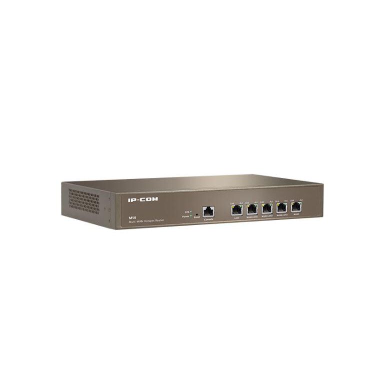 Ip-com m50 mutti-wan hotspot router, procesor: 800mhz dual core, dimensiuni: 440*285*44(mm) 512 mb ram, 128 mb flash, interfata: 5*ge(1~4 wan/ 4~1 lan), 1*rj45 console, capacitate maxima utilizatori: 200, smart bandwith control, tip conexiune: pppoe/dhcp/,  Access point & Range Ext. | electropc.ro