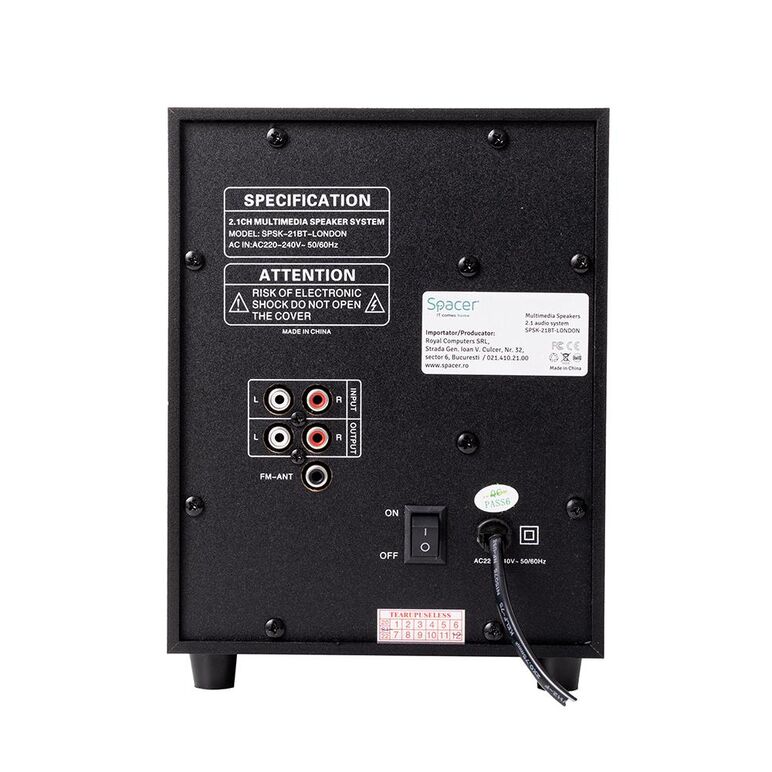 Boxe spacer 2.1, 20w rms (2 x 5w + 10w), alimentare 220v, conectori bluetooth, usb, jack 3.5mm, radio fm, rca, negru,  Sisteme audio | electropc.ro