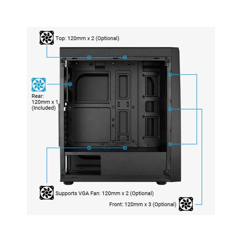 Carcasa aerocool bolt neagra, spcc steel atx mid tower, fara sursa (tip atx, montata jos), interior vopsit negru, 2x3.5" (intern), 2x2.5" (intern), fata – 3x 120mm fans (optional), spate – 1x 120mm fan (inclus), tavan – 2x 120mm fans (optional), podea – 2,  Carcase | electropc.ro
