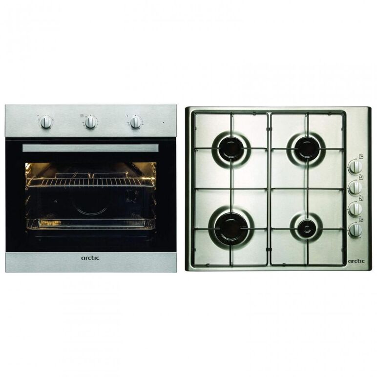 Set plita pe gaz incorporabila arctic arxg64120sx, 4 arzatoare, panoubutoane lateral, suprafata inox, adaptor pentru vase mici, apri ndereintegrata, siguranta plita-safety plus, dimensiuni 10x58x51 cm, culoareinox+ cuptor incorporabil aroic21100h, clasa e,  Incorporabile | electropc.ro