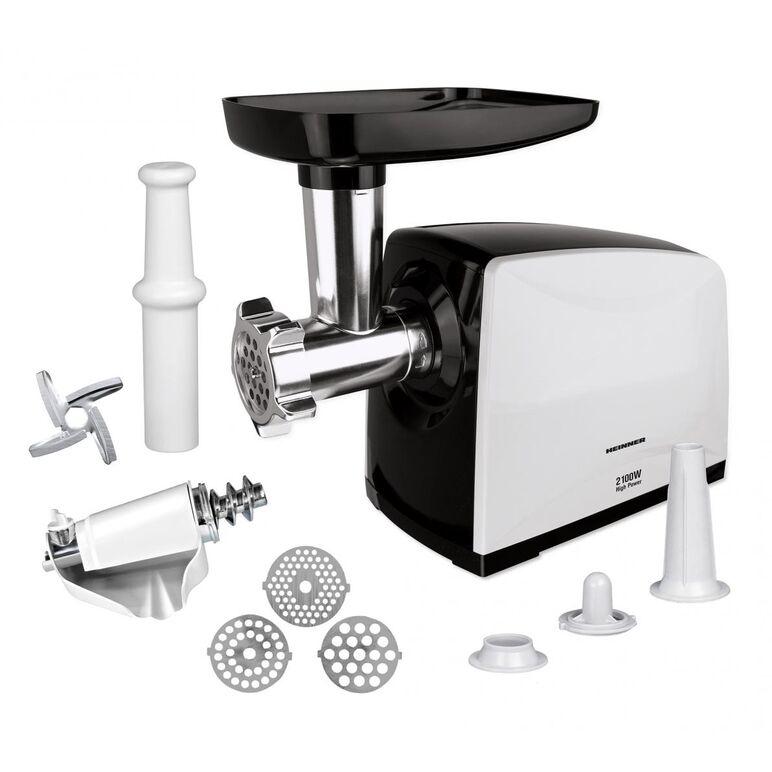 Masina de tocat heinner mg-2100bkwh, putere maxima: 2100w, capacitate de tocare: 1.8 kg, cutit din inox, 3 site de taiere, accesoriu pentru rosii, accesorii pentru carnati si kibbe, functie reverse, culoare: negru/alb, nivel de zgomot: 90db,  Masini de tocat | electropc.ro