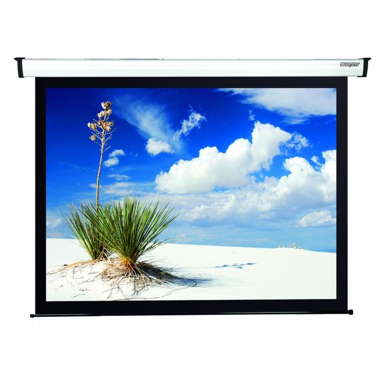 Ecran de proiectie electric, cu prindere in tavan/perete sopar new gold, format 1:1, suprafata de proiectie 240x200 cm, diagonala 123 inch, unghi de vizionare 150°, tip panza alba (fata) neagra (spate), din aluminiu,  Videoproiectoare | electropc.ro