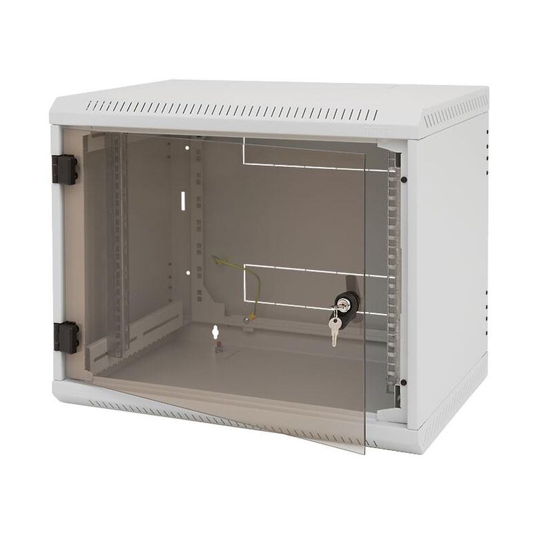 Rack de perete triton sectiune simpla 12u 600mm adancime usa sticla panouri laterale fixe, sectiuni acces cabluri sus/jos/spate securizare cu cheie, 1 pereche montanti reglabili ip30 gri,  Cabinete metalice | electropc.ro