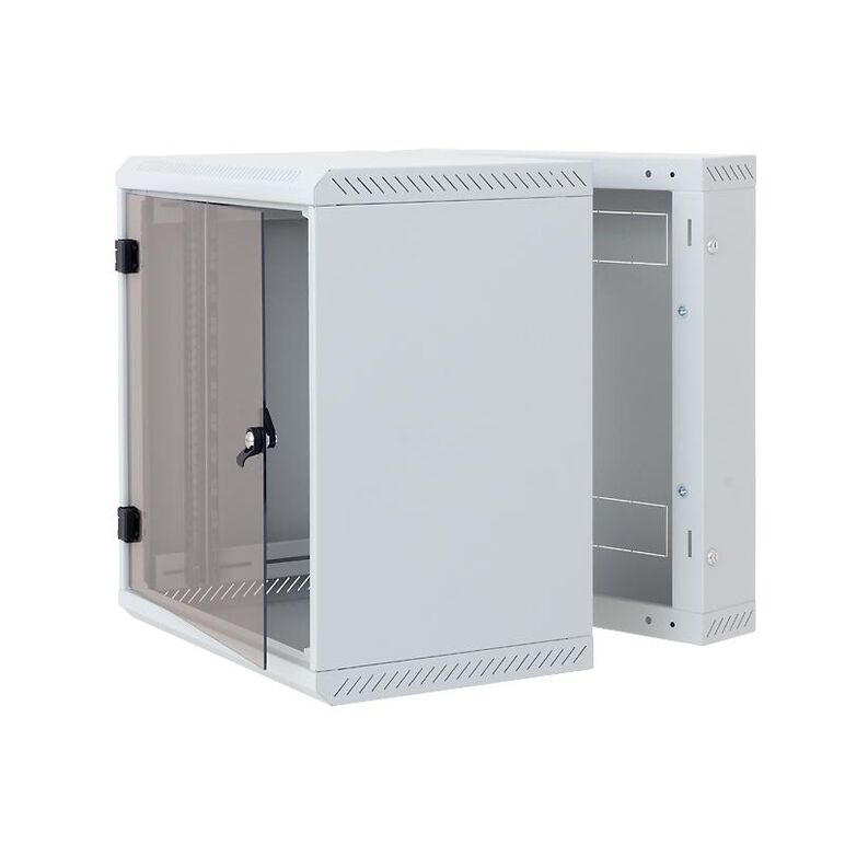 Rack de perete triton sectiune simpla 9u 600mm adancime usa sticla panouri laterale fixe sectiuni ventilatie activa, sectiuni acces cabluri sus/jos/spate securizare cu cheie, 1 pereche montanti reglabili ip30 gri,  Cabinete metalice | electropc.ro