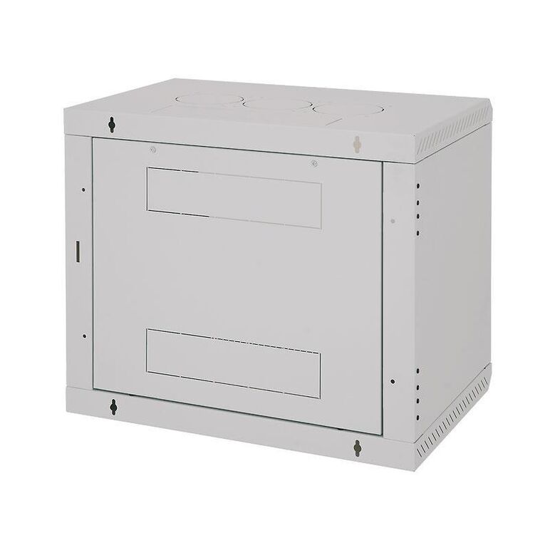 Rack de perete triton sectiune simpla 9u 600mm adancime usa sticla panouri laterale fixe sectiuni ventilatie activa, sectiuni acces cabluri sus/jos/spate securizare cu cheie, 1 pereche montanti reglabili ip30 gri,  Cabinete metalice | electropc.ro