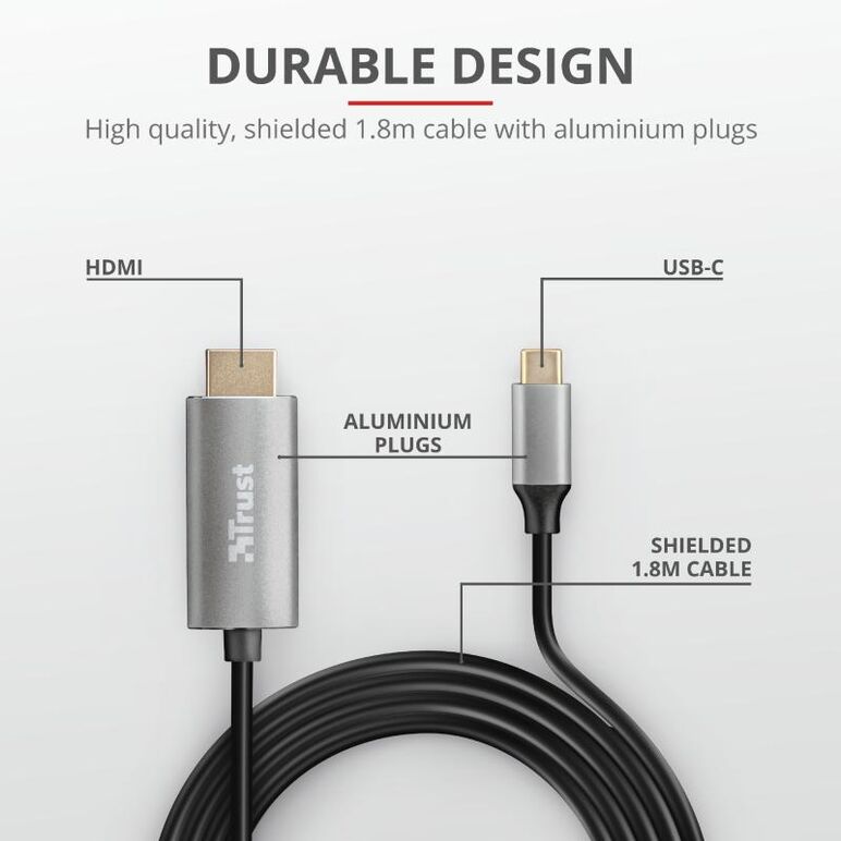 Cablu trust calyx, usb-c to hdmi, 1.8m, negru,  Cabluri periferice | electropc.ro