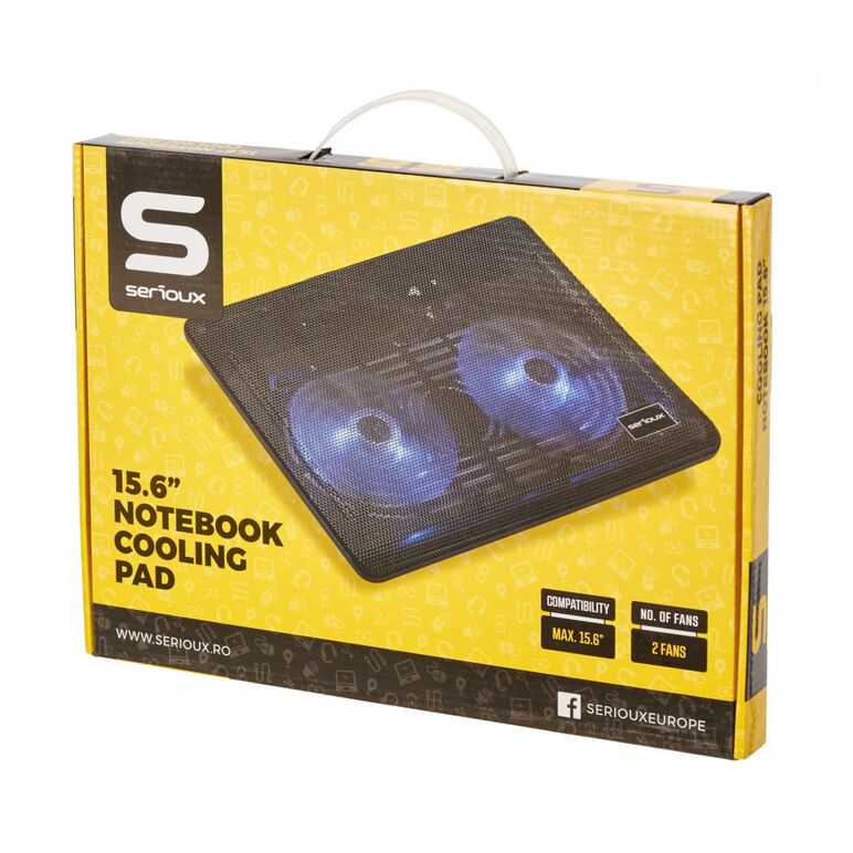 Cooling pad serioux, srxncp007, dimensiuni: 340*250*23mm, compatibilitate maxima laptop: 15.6 inch, dimensiune ventilator: 2 x 125 *125*15mm, nivel zgomot: 10db, flux aer: 20cfm, tensiune alimentare: dc 5v, viteza rotatie maxima: 1500rpm, iluminare led: a,  Stand & Cooling pad | electropc.ro