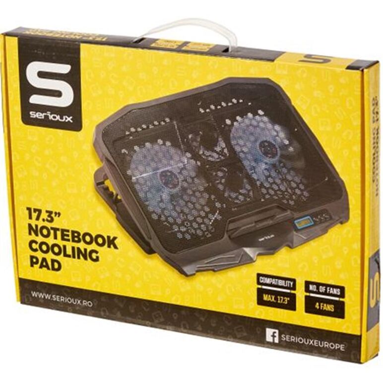 Cooling pad serioux, srxncp025, dimensiuni: 390*280*28mm, compatibilitate maxima laptop: 17.3 inch, numar ventilatoare: 4, dimensiune ventilator: 2 x 125*125*15mm / 2 x 70*70*15mm, nivel zgomot: 15-20db, flux aer: 56-75cfm, tensiune alimentare: dc 5v, vit,  Stand & Cooling pad | electropc.ro