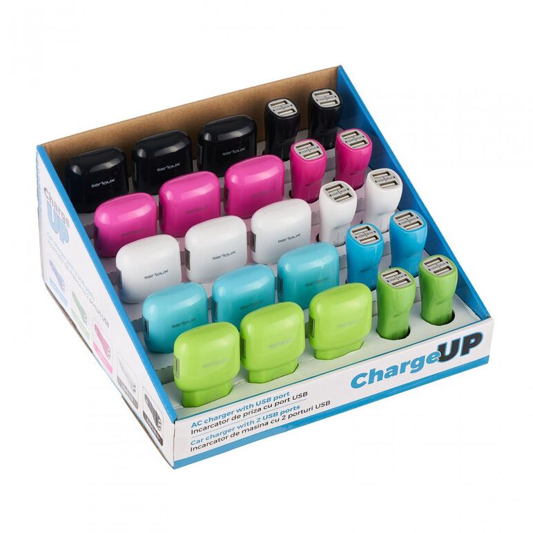 Stand serioux, 15buc incarcator ac usb 2.1a, 10buc  incarcator de masina 2xusb 2.1a, diverse culori,  Incarcatoare telefoane | electropc.ro