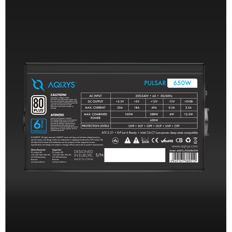Sursa aqirys pulsar 650w 80+ white certified, culoare neagra,  Surse PC | electropc.ro