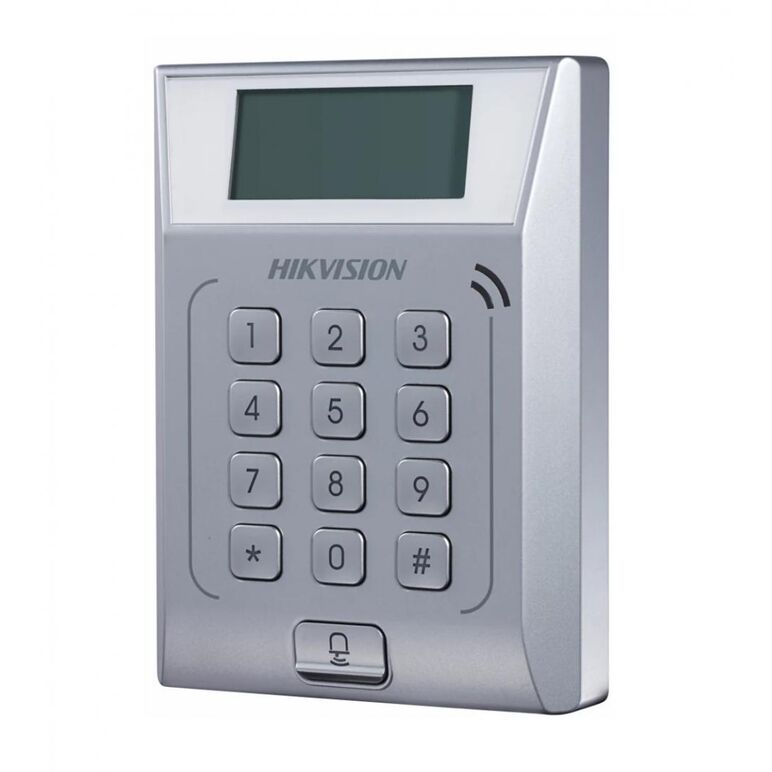 Cititor standalone cu tastatura si card proximitate hkvision ds-k1t802m, suporta cartele mifae, capacitate 3000 carduri si 10000 evenimente, autentificare: card, card si  parola,display 128x64, exit button × 1, door sensor × 1, doorbell × 1, e-lock output,  Centrale control acces | electropc.ro