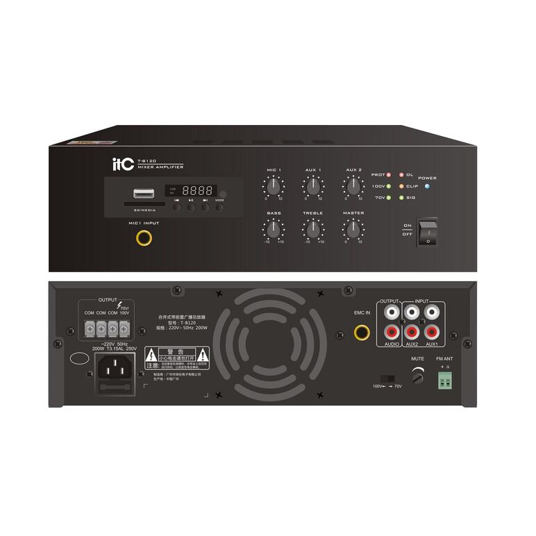 Mini amplificator itc t-b240, pentru sisteme de public address (pa), putere 240w @70/100v, 4 x iesiri 4～16Ω/100v, 1 x iesire microfon cu volum independent; redare automata a muzicii in format mp3; functie de memorie- oprire; protectie la scurtcircuit, sup,  Amplificatoare | electropc.ro