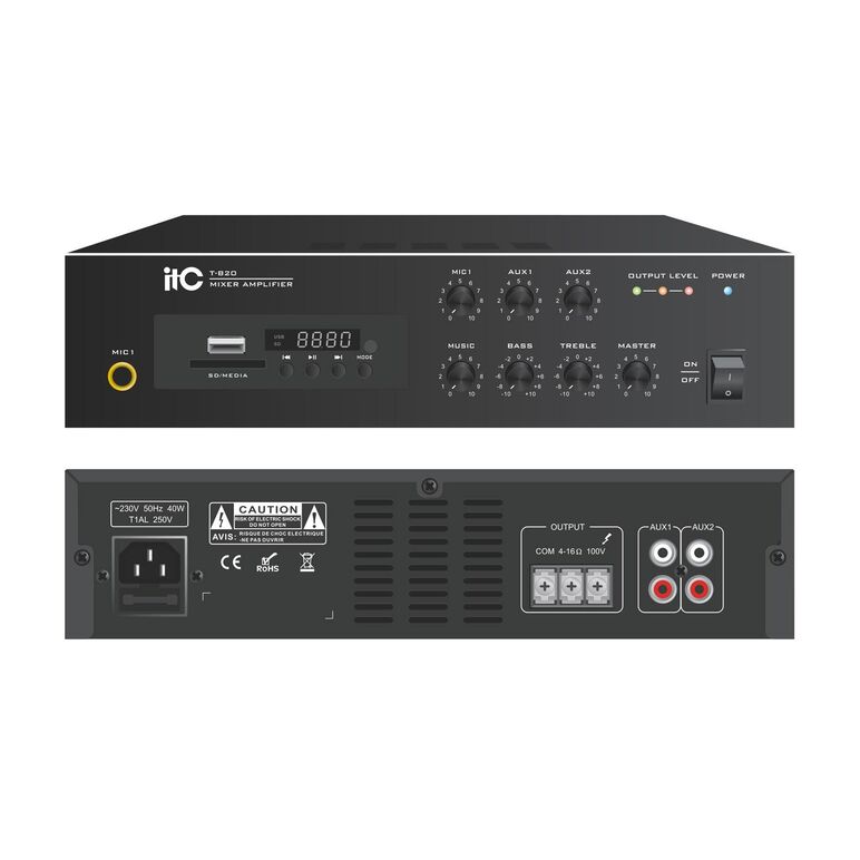 Mixer amplificator itc t-b60, pentru sisteme de public address (pa), putere 60w @100v, 4 x iesiri 4～16Ω/100v, 1 x iesire microfon cu volum independent; redare automata a muzicii in format mp3; functie de memorie - oprire; protectie la scurtcircuit, suprai,  Amplificatoare | electropc.ro