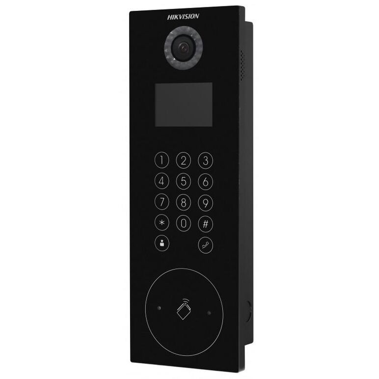 Post videointerfon de exterior pentru blocuri hikvision ds-kd8103-e6, monitor lcd color  3.5-inch, rezolutie 480 × 320, camera video 2mp hd, unghi vizualizare: 120° wide, deschidere cu card si cod pin, capacitate utilizatori: 10000, capacitate conectare p,  Video | electropc.ro