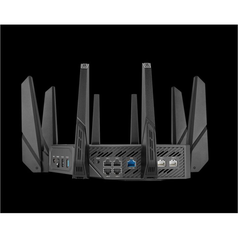 Asus quad-band wifi gaming router gt-axe16000; network standard: wifi 6 (802.11ax), wifi 6e (802.11ax), backwards compatible with 802.11a/b/g/n/ac wi-fi, 2.4ghz 1148mbps, 5g-1hz 4804mbps, 5g-2hz 4804mbps, 6ghz 4804mbps, 8 antene externe, 4 antene interne,,  Routere Wireless | electropc.ro