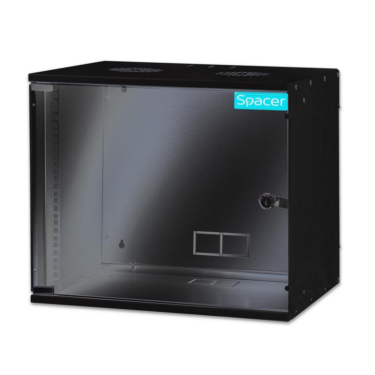 Cabiner space 19" 9u, fixare pe perete, dezasamblat, 448x515x400, usa sticla cu blocare, otel 1.5mm, greutate maxima 100kg, negru,  Cabinete metalice | electropc.ro