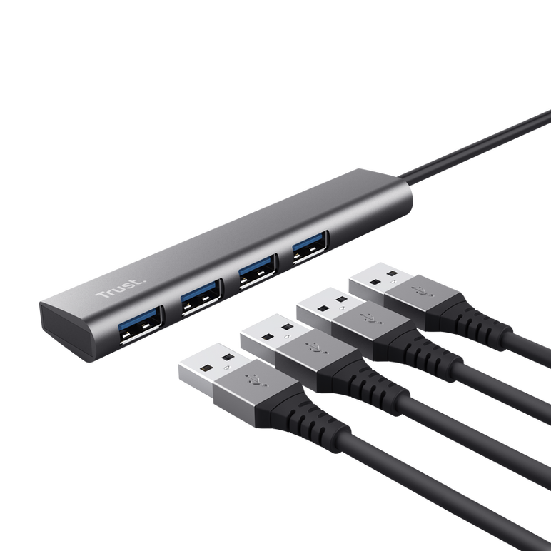 Hub usb trust halyx, usb-a la 4 x usb-a 3.2 gen 1, dimensiune cablu 10cm, din aluminiu, argintiu,  Hub-uri USB | electropc.ro