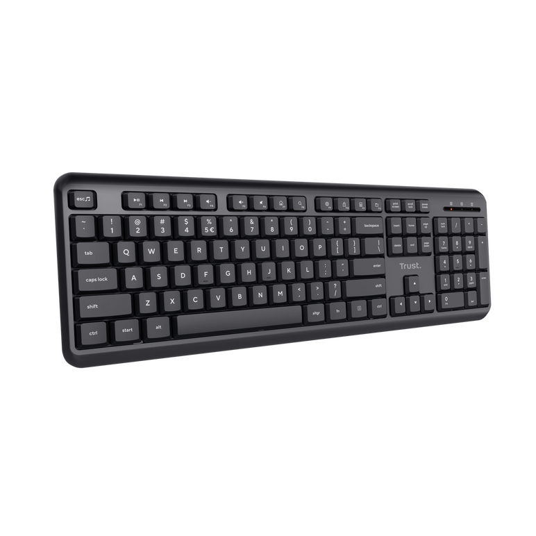 Tastatura wireless trust ody, cu taste silentioase, cu functie de power saving, rezistenta la stropire, conectare tip usb-a 2.0, acopererie pana la 10m, include 2 baterii, compatibila pc/laptop (windows, macos, chrome os), negru,  Tastaturi | electropc.ro