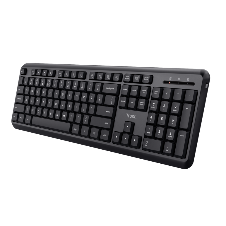 Tastatura wireless trust ody, cu taste silentioase, cu functie de power saving, rezistenta la stropire, conectare tip usb-a 2.0, acopererie pana la 10m, include 2 baterii, compatibila pc/laptop (windows, macos, chrome os), negru,  Tastaturi | electropc.ro