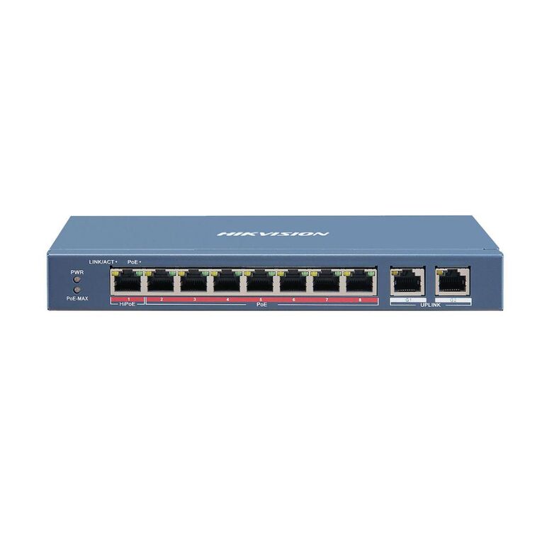 Switch 8 porturi poe hikvision ds-3e1310hp-ei prezinta 1 × 10/100 mbps hi-poe port, 7 × 10/100 mbps poe ports, and 2 × 10/100/1000 mbps rj45 ports, up to 300 m long range poe transmission,ieee 802.3bt standard hi- poe port provides max. 90 w power supply ,  Switch-uri | electropc.ro