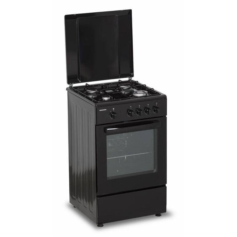 Aragaz gaz heinner hfsc-sme50bk, 50x50cm, 4 arzatoare, suport email, capac metalic, dispozitiv de siguranta plita si cuptor, usa cuptor cu geam dublu, duze gpl incluse, tava si gratar cromat, culoare: negru,  Aragazuri pe gaz | electropc.ro