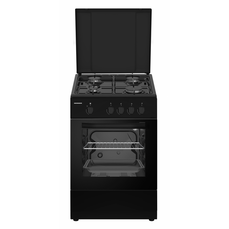 Aragaz gaz heinner hfsc-sme50bk, 50x50cm, 4 arzatoare, suport email, capac metalic, dispozitiv de siguranta plita si cuptor, usa cuptor cu geam dublu, duze gpl incluse, tava si gratar cromat, culoare: negru,  Aragazuri pe gaz | electropc.ro