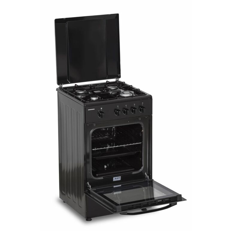 Aragaz gaz heinner hfsc-sme50bk, 50x50cm, 4 arzatoare, suport email, capac metalic, dispozitiv de siguranta plita si cuptor, usa cuptor cu geam dublu, duze gpl incluse, tava si gratar cromat, culoare: negru,  Aragazuri pe gaz | electropc.ro
