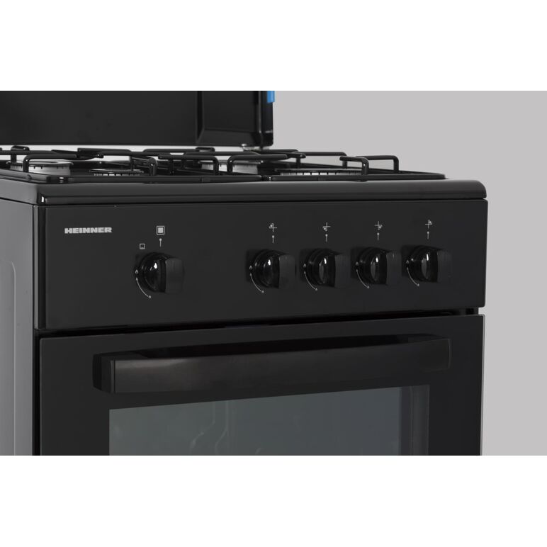 Aragaz gaz heinner hfsc-sme50bk, 50x50cm, 4 arzatoare, suport email, capac metalic, dispozitiv de siguranta plita si cuptor, usa cuptor cu geam dublu, duze gpl incluse, tava si gratar cromat, culoare: negru,  Aragazuri pe gaz | electropc.ro