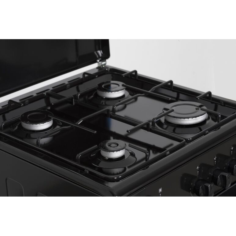 Aragaz gaz heinner hfsc-sme50bk, 50x50cm, 4 arzatoare, suport email, capac metalic, dispozitiv de siguranta plita si cuptor, usa cuptor cu geam dublu, duze gpl incluse, tava si gratar cromat, culoare: negru,  Aragazuri pe gaz | electropc.ro
