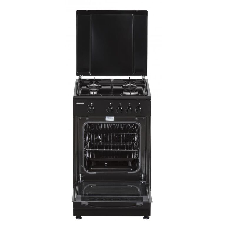 Aragaz gaz heinner hfsc-sme50bk, 50x50cm, 4 arzatoare, suport email, capac metalic, dispozitiv de siguranta plita si cuptor, usa cuptor cu geam dublu, duze gpl incluse, tava si gratar cromat, culoare: negru,  Aragazuri pe gaz | electropc.ro