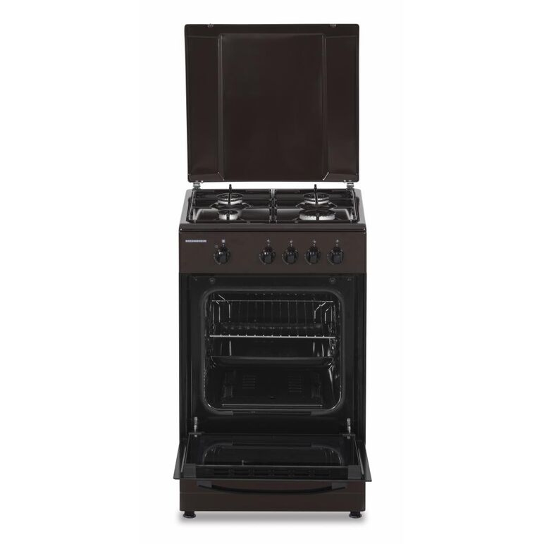 Aragaz gaz heinner hfsc-sme50brw, 50x50cm, 4 arzatoare, suport email, capac metalic, dispozitiv de siguranta plita si cuptor, usa cuptor cu geam dublu, duze gpl incluse, tava si gratar cromat, culoare: maro,  Aragazuri pe gaz | electropc.ro