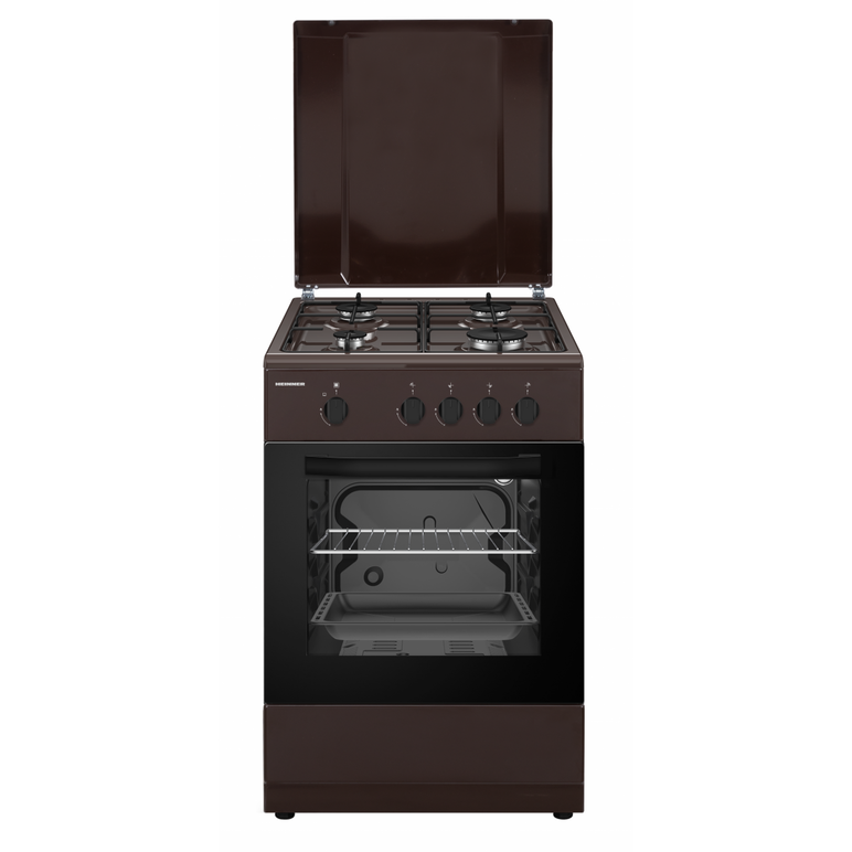 Aragaz gaz heinner hfsc-sme50brw, 50x50cm, 4 arzatoare, suport email, capac metalic, dispozitiv de siguranta plita si cuptor, usa cuptor cu geam dublu, duze gpl incluse, tava si gratar cromat, culoare: maro,  Aragazuri pe gaz | electropc.ro