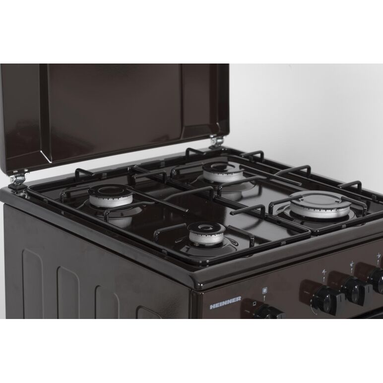 Aragaz gaz heinner hfsc-sme50brw, 50x50cm, 4 arzatoare, suport email, capac metalic, dispozitiv de siguranta plita si cuptor, usa cuptor cu geam dublu, duze gpl incluse, tava si gratar cromat, culoare: maro,  Aragazuri pe gaz | electropc.ro