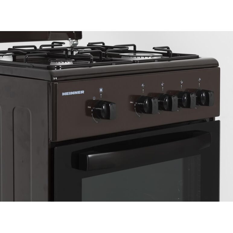 Aragaz gaz heinner hfsc-sme50brw, 50x50cm, 4 arzatoare, suport email, capac metalic, dispozitiv de siguranta plita si cuptor, usa cuptor cu geam dublu, duze gpl incluse, tava si gratar cromat, culoare: maro,  Aragazuri pe gaz | electropc.ro
