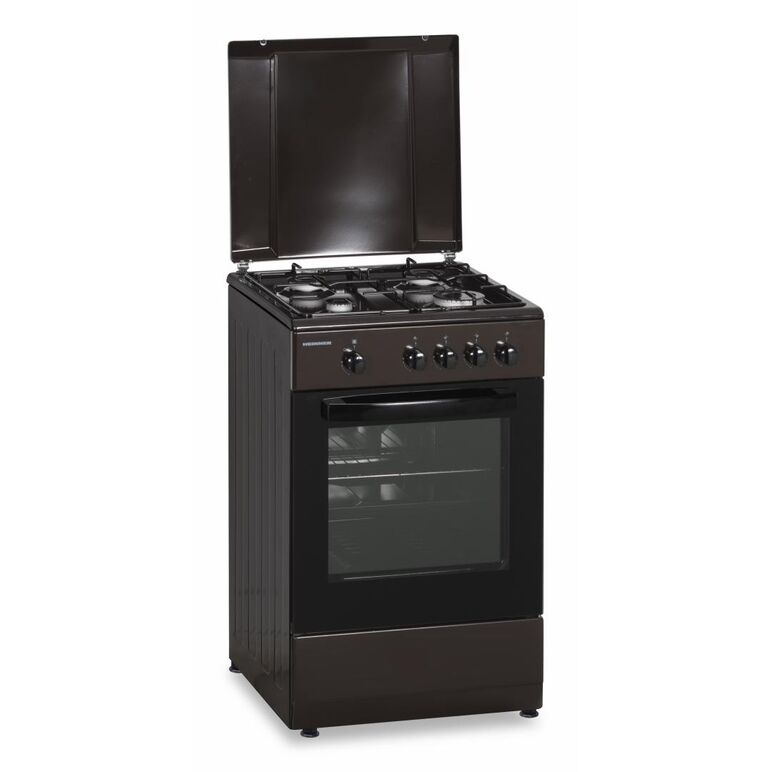 Aragaz gaz heinner hfsc-sme50brw, 50x50cm, 4 arzatoare, suport email, capac metalic, dispozitiv de siguranta plita si cuptor, usa cuptor cu geam dublu, duze gpl incluse, tava si gratar cromat, culoare: maro,  Aragazuri pe gaz | electropc.ro