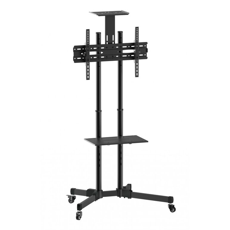 Stand tv mobil akai, cu inclinatie +10/-10°, cu 2 polite, vesa min. 200x200, vesa max.600x400, greutate maxima suportata tv 50kg, greautate maxima suportata dvd 10 kg, greutate maxima suportata camera 5 kg, negru,  TV & Electronice & Gaming | electropc.ro