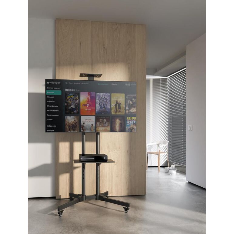 Stand tv mobil akai, cu inclinatie +10/-10°, cu 2 polite, vesa min. 200x200, vesa max.600x400, greutate maxima suportata tv 50kg, greautate maxima suportata dvd 10 kg, greutate maxima suportata camera 5 kg, negru,  TV & Electronice & Gaming | electropc.ro