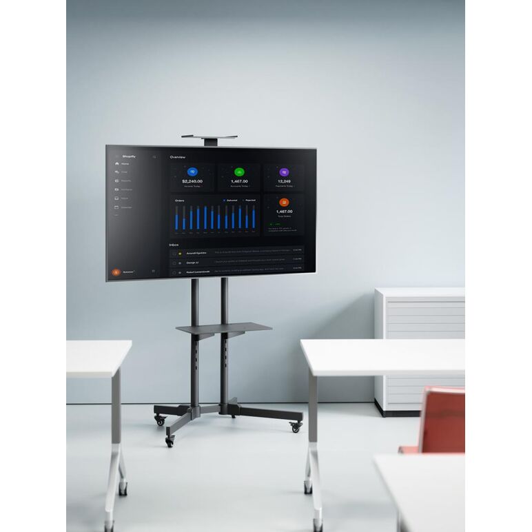 Stand tv mobil akai, cu inclinatie +10/-10°, cu 2 polite, vesa min. 200x200, vesa max.600x400, greutate maxima suportata tv 50kg, greautate maxima suportata dvd 10 kg, greutate maxima suportata camera 5 kg, negru,  TV & Electronice & Gaming | electropc.ro