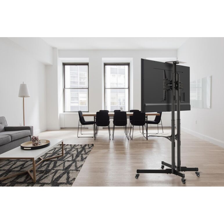 Stand tv mobil akai, cu inclinatie +10/-10°, cu 2 polite, vesa min. 200x200, vesa max.600x400, greutate maxima suportata tv 50kg, greautate maxima suportata dvd 10 kg, greutate maxima suportata camera 5 kg, negru,  TV & Electronice & Gaming | electropc.ro