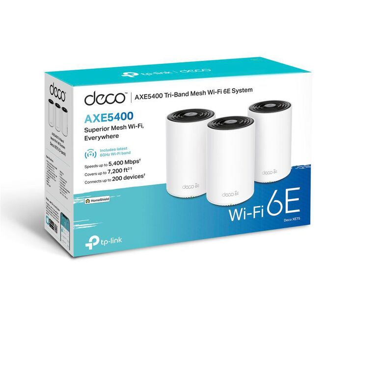 Tp-link axe5400 home mesh wi-fi 6e system, tri-band, deco xe75(3-pack);  standarde wireless: ieee 802.11ax 6 ghz, ieee 802.11ax/ac/n/a 5 ghz, ieee 802.11ax/n/b/g 2.4 ghz, viteza wifi: 6 ghz: 2402 mbps (802.11ax, he160), 5 ghz: 2402 mbps (802.11ax, he160),,  Routere Wireless | electropc.ro