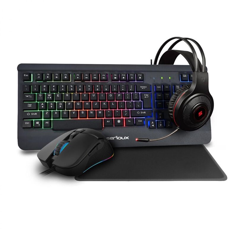 Kit gaming serioux kayel 4 in 1, tastatura de gaming, 104 taste, 19 taste anti-ghosting , design slim, iluminare rainbow, structura metalica gri, taste negre + design cu palm rest, cablu usb 1.5m pvc, plug and play; mouse gaming, senzor sunplus 199, 800-6,  Kit mouse tastatura | electropc.ro