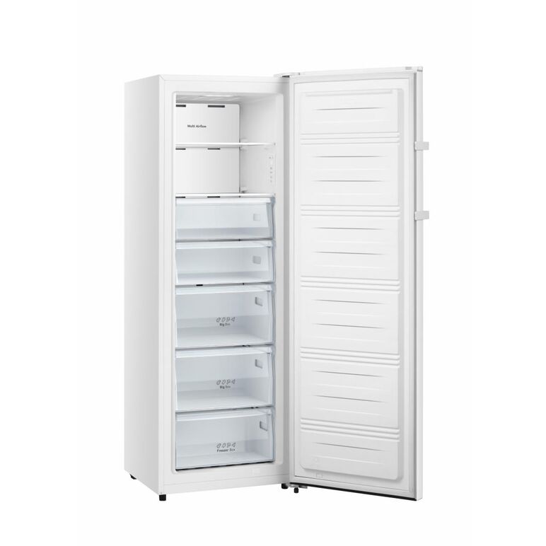 Congelator heinner hff-n240nff+, clasa energetica: f , capacitate totala: 240 l, full no frost, sistem multi air-flow, display interior, control electronic, 5 sertare + 2 compartimente cu rafturi din sticla , lumina led, functie super congelare, functie e,  Congelatoare verticale | electropc.ro
